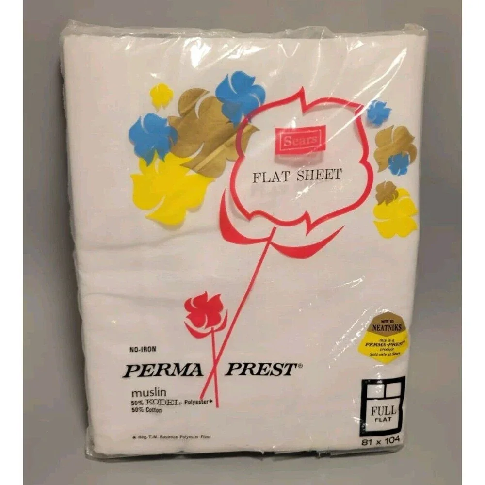 NEW Old Stock Full Flat Sheet SEARS Solid White Perma-Prest Muslin Sheet NOS